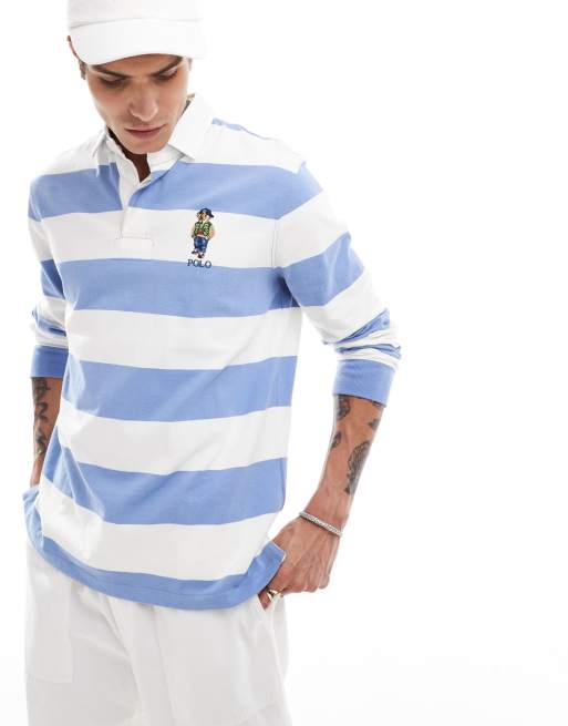 Polo Ralph Lauren varsity bear stripe rugby polo in blue white ASOS