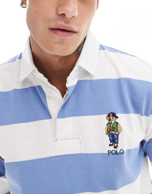 Polo Ralph Lauren varsity bear stripe rugby polo in blue white