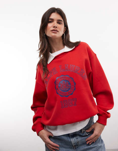 Polo Ralph Lauren varsity sweatshirt met kraag in rood - view 1