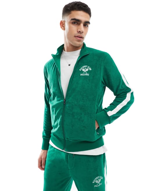 Polo Ralph Lauren - Veste de survêtement d'ensemble en coton éponge à logo P et inscription Run Club avec bande sur les manches - Vert moyen