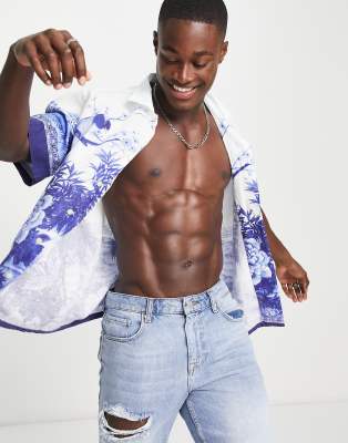 Polo Ralph Lauren vignette garden print shorts sleeve linen shirt classic oversized fit in blue - ASOS Price Checker