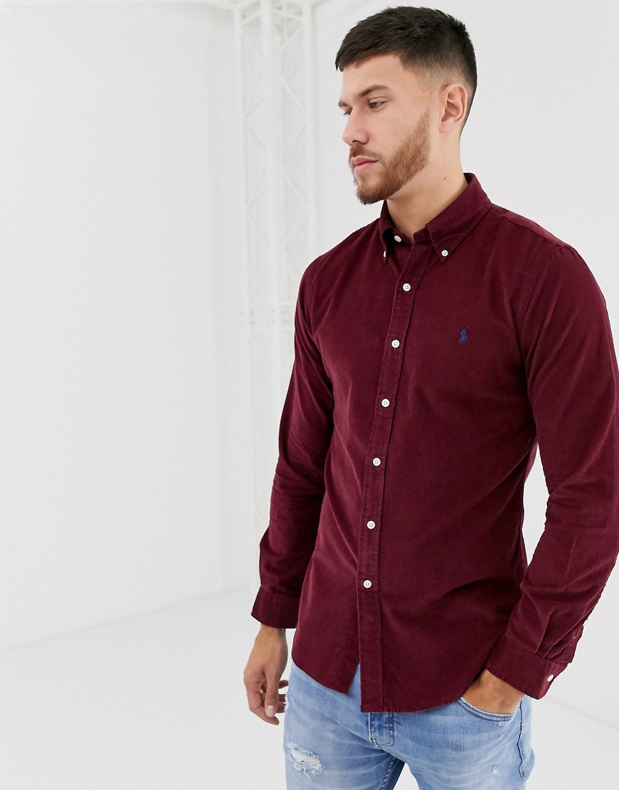 Polo Ralph Lauren – Vinröd manchesterskjorta med smal passform och logga