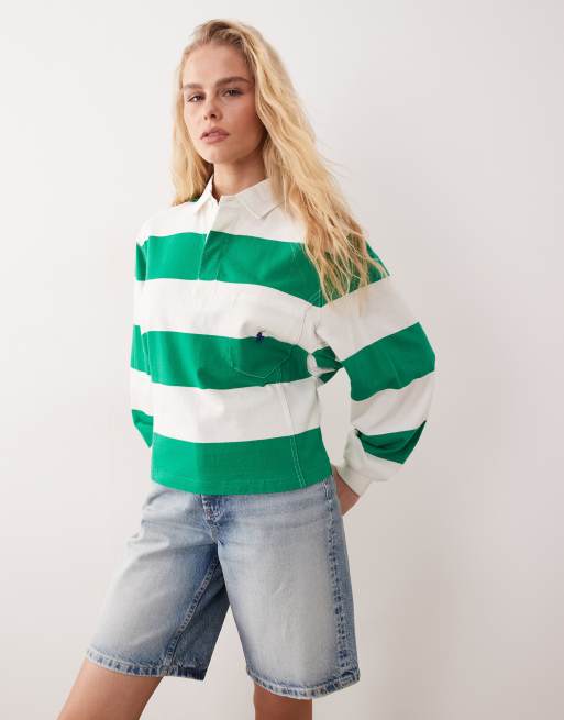 Polo Ralph Lauren – Vintage-Rugby-Polohemd in Grün/Weiß mit Blockstreifen und Ion-Logo