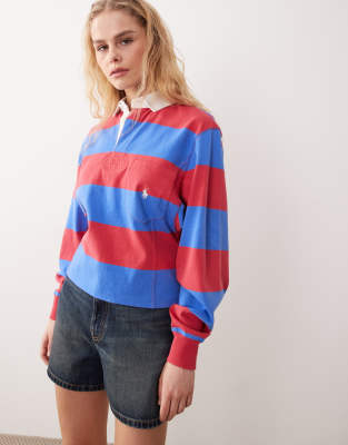 Polo Ralph Lauren - Vintage-Rugby-Polohemd in Rot/Blau mit Blockstreifen und Markenlogo-Bunt