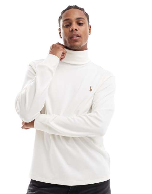 Polo Ralph Lauren – Vit, långärmad t-shirt i pimabomull med halvpolokrage och ikonlogga