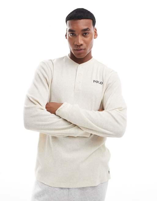 Polo Ralph Lauren – Vit mys-t-shirt i henley-stil med våffelstruktur och långa ärmar