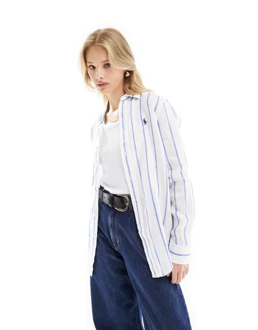 Polo Ralph Lauren – Vit och blå, randig linneskjorta med logga