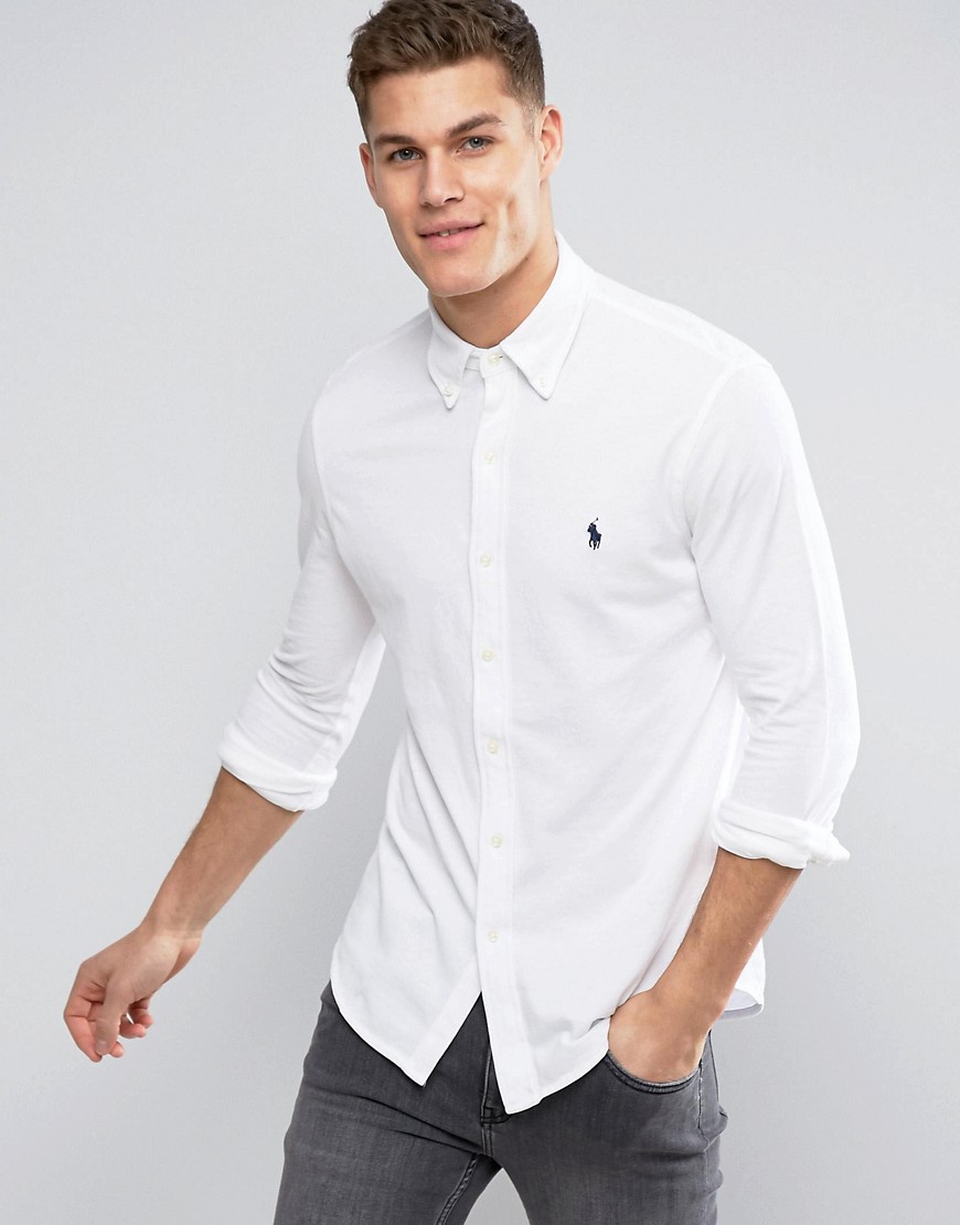 Polo Ralph Lauren – Vit pikéskjorta med smal passform, button down-krage och polospelare