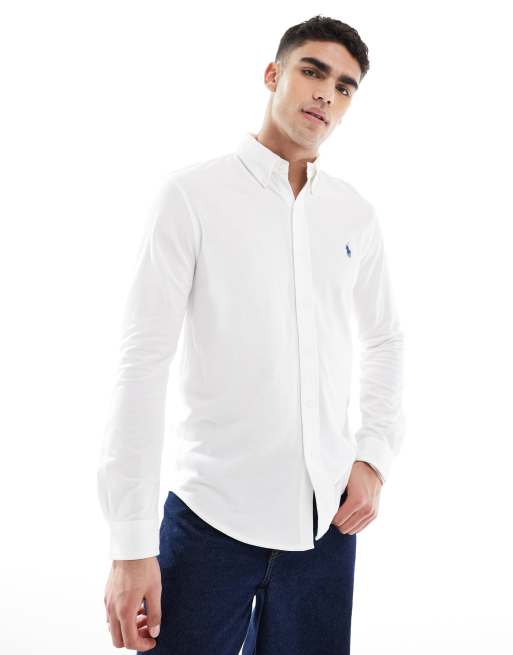 Polo Ralph Lauren – Vit pikétröja med smal passform, knäppning och logga