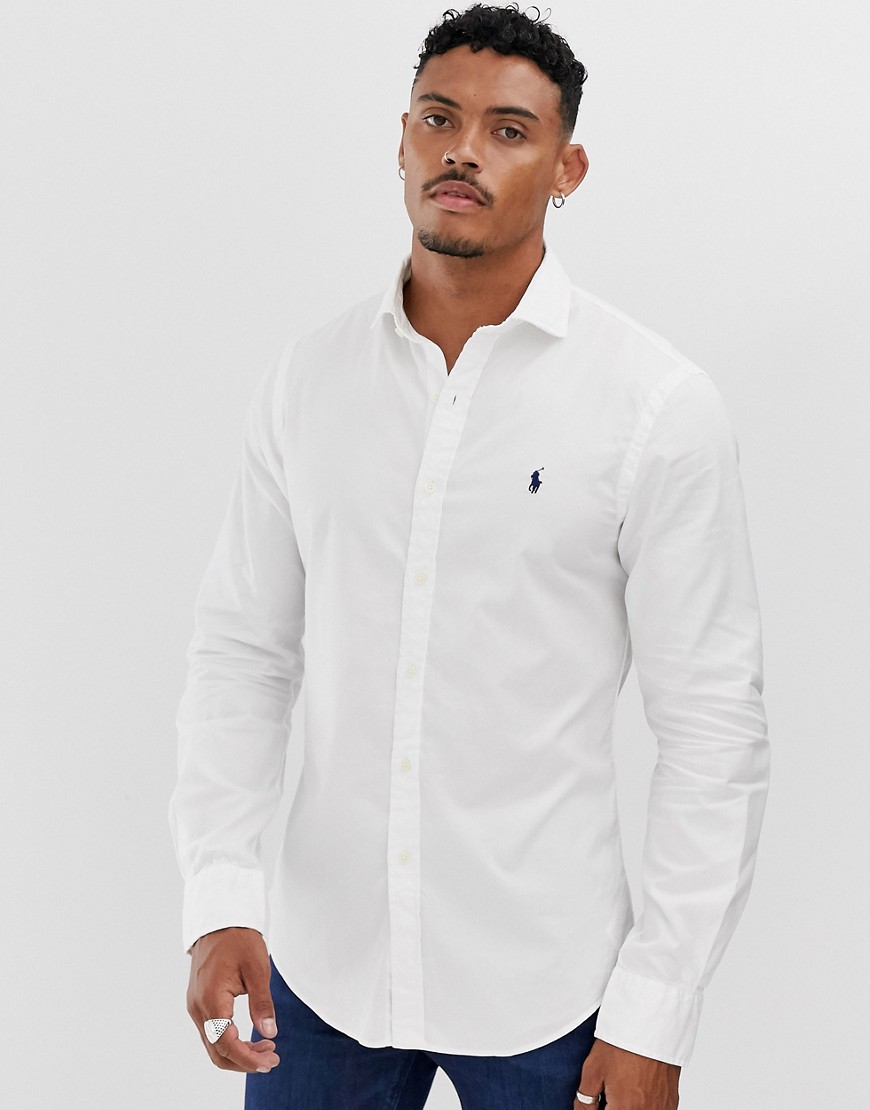 Polo Ralph Lauren – Vit plaggfärgad oxfordskjorta med smal passform och spelarlogga