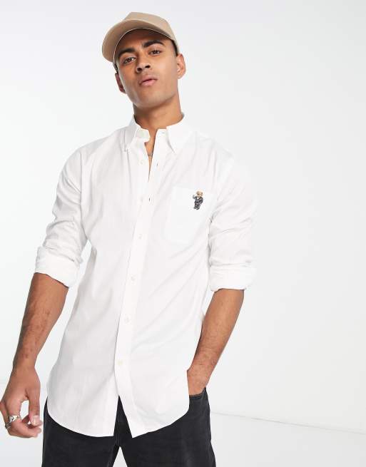 Polo Ralph Lauren – Vit, smal skjortklänning med ficka och björnlogga