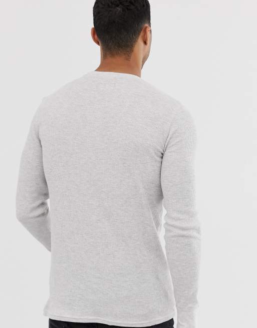 Polo Ralph Lauren waffle knit crew neck long sleeve t-shirt with polo  player logo in grey | ASOS