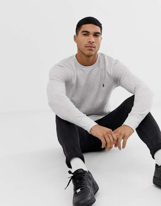 Polo Ralph Lauren waffle knit crew neck long sleeve t-shirt with polo  player logo in grey | ASOS