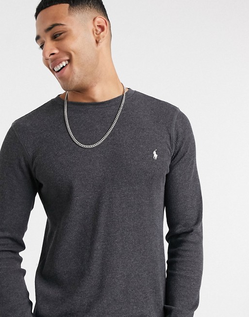 Polo Ralph Lauren lounge waffle long sleeve t-shirt in charcoal grey with logo