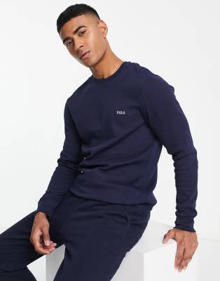 Polo Ralph Lauren Waffle Long Sleeve T-shirt In Navy With Logo | ModeSens