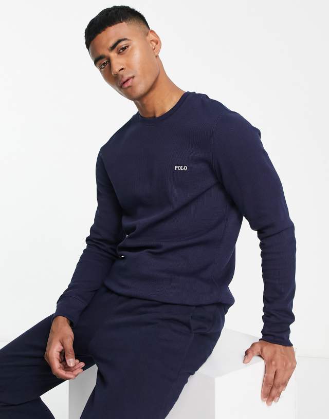 Polo Ralph Lauren waffle long sleeve t-shirt in navy with logo