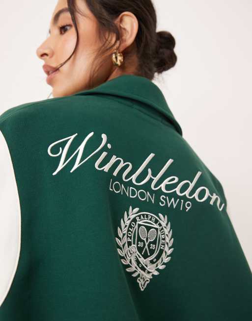 Polo Ralph Lauren Wimbledon capsule back crest logo double knit baseball jacket in dark green, 3 of 4