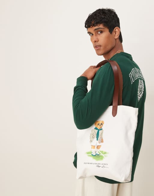 Polo Ralph Lauren - Wimbledon Capsule - Borsa shopping media in tela bianca con stampa di orso