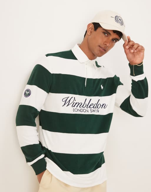 Polo Ralph Lauren – Wimbledon Capsule – Ciemnozielona koszulka polo w stylu rugby w paski z logo na piersi