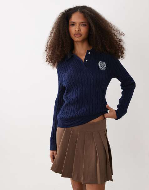 Polo Ralph Lauren Wimbledon capsule cotton cable knit polo with crest embroidery in navy - view 1