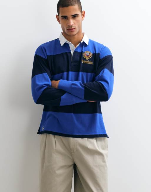 Polo Ralph Lauren Wimbledon capsule crest logo block stripe rugby polo in navy, 5 of 5