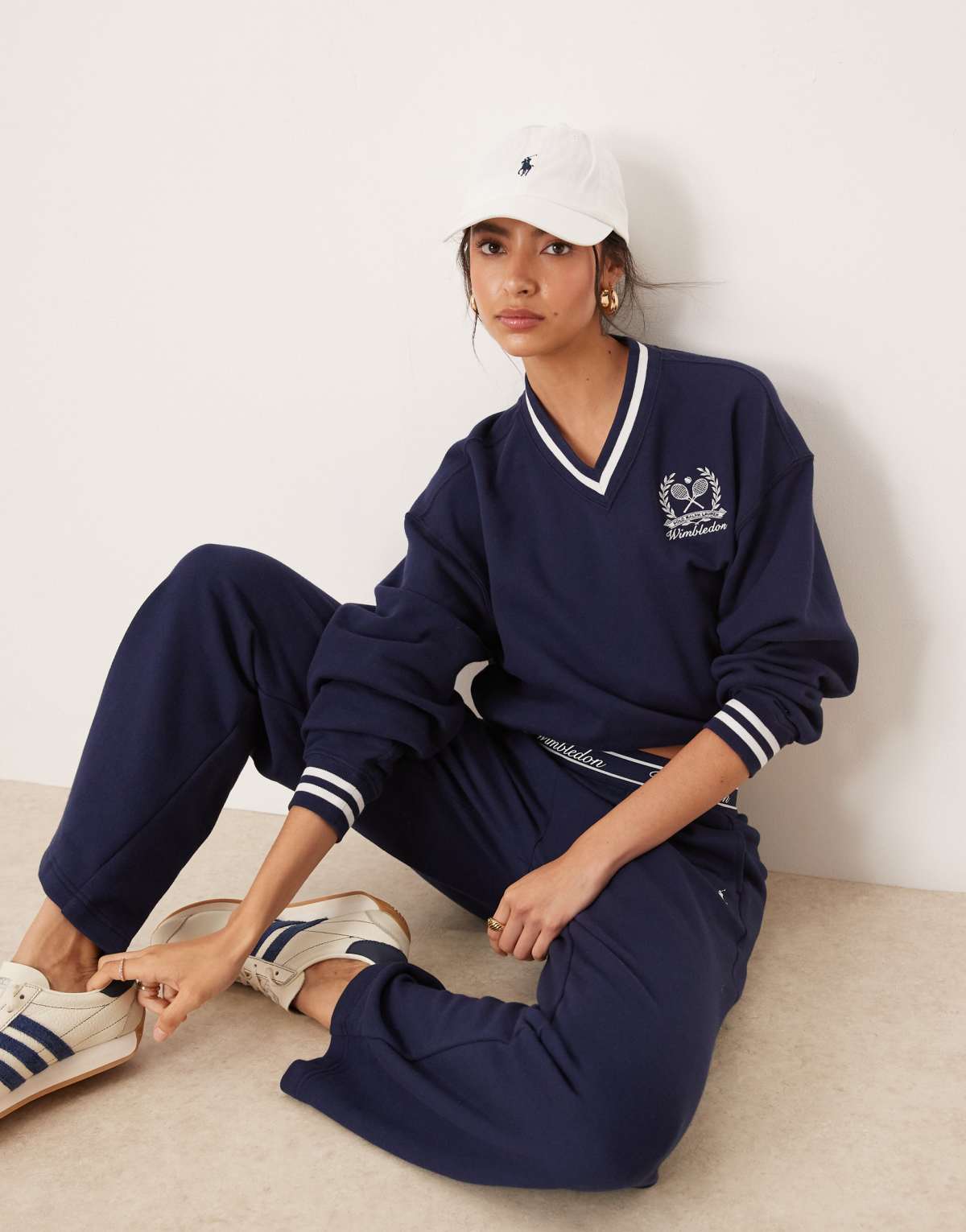 Polo Ralph Lauren Wimbledon capsule crest logo tipped v-neck sweatshirt co-ord in navy
