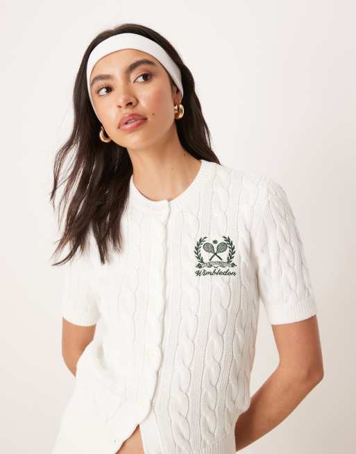 Polo Ralph Lauren - Wimbledon Capsule - Hvid cardigan i kabelstrik af bomuld med korte ærmer og våbenskjoldslogo