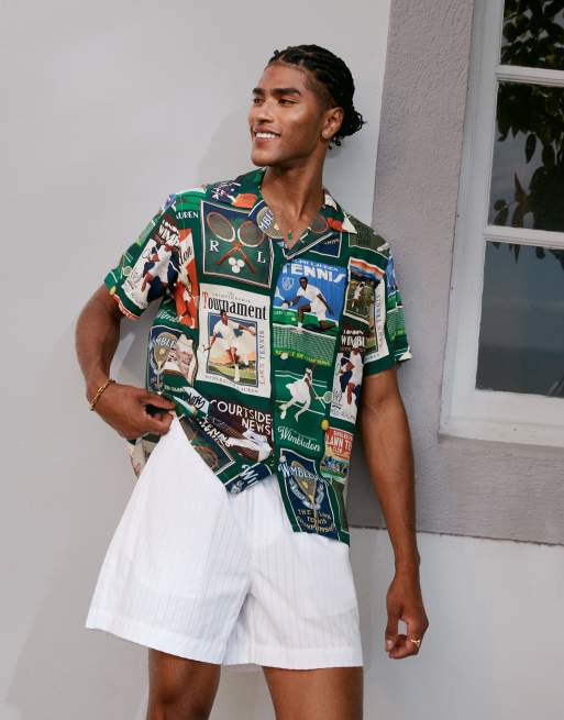 Polo Ralph Lauren – Wimbledon Capsule – Kolorowa koszula z rayonu z krótkimi rękawami i nadrukami w stylu retro