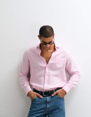 Polo - Wimbledon Capsule - Leinenhemd in Rosa mit Wappen-Stickerei auf der Brusttasche Rosa S
