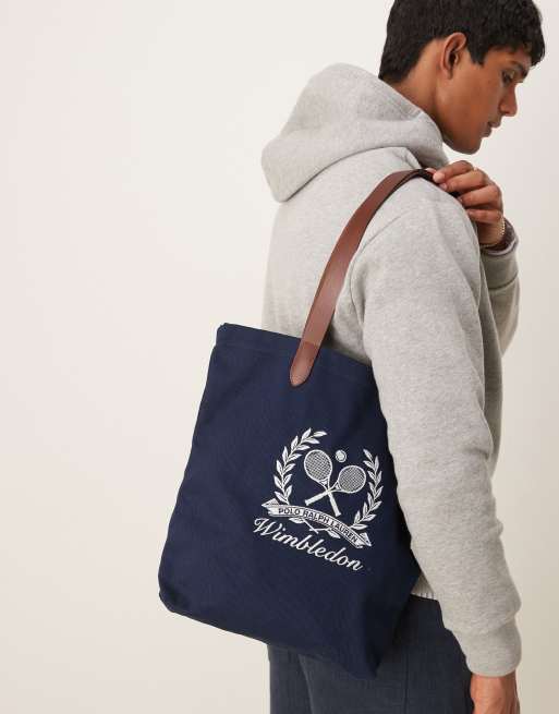 Polo Ralph Lauren - Wimbledon Capsule - Marineblå mellemstor tote-taske med logoprint i kanvas