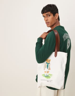 Polo Ralph Lauren - Wimbledon Capsule - Mittelgroße Tasche aus Canvas in Weiß mit Bären-Logoprint