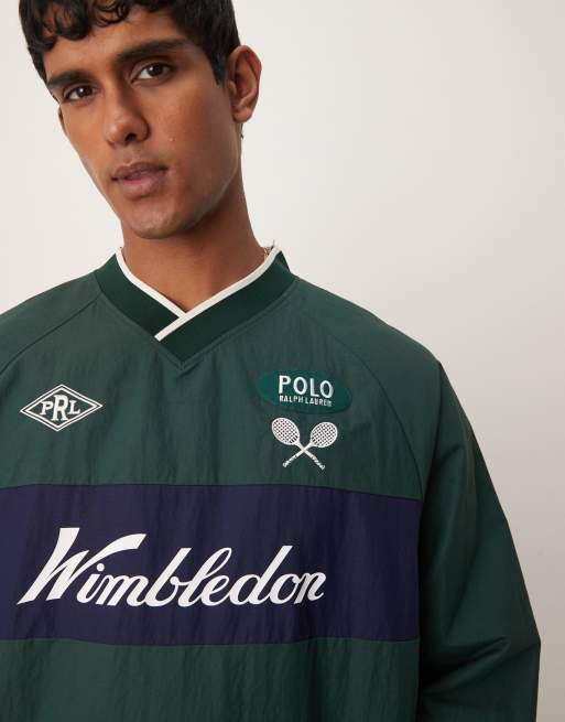 Polo Tee Shirt Sur Pull Polo Ralph Lauren Wimbledon Capsule Pull D'ensemble  En Maille Avec Col V Et Empiècement Sur La Poitrine Vert Foncé