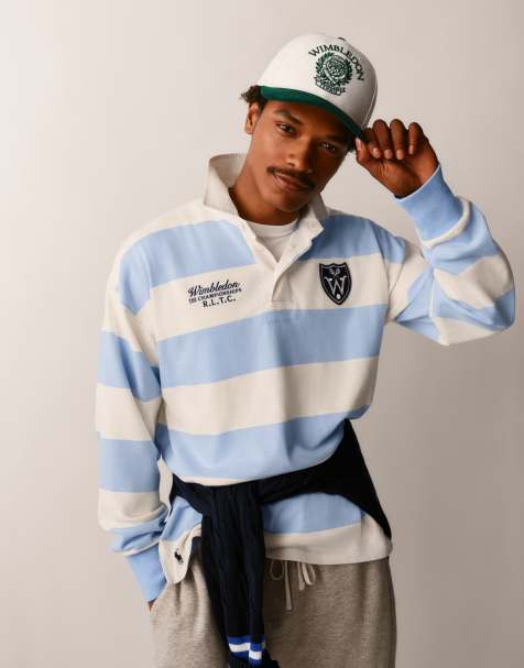 Polo Ralph Lauren Wimbledon capsule varisty back embroidered block stripe rugby polo in blue - view 1