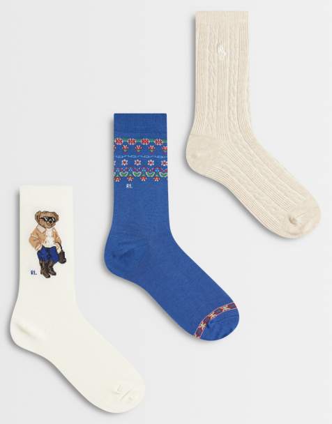 Polo Ralph Lauren winter bear print 3 pack crew socks in white, navy and cream - view 1