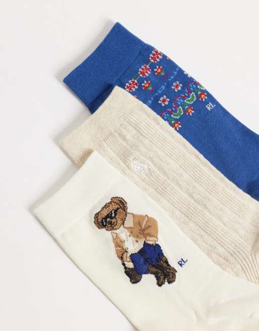 Polo Ralph Lauren winter bear print 3 pack crew socks in white, navy and cream, 2 of 3