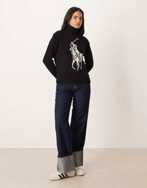 Polo Ralph Lauren wool blend icon logo roll neck knitted jumper in black, 2 of 4