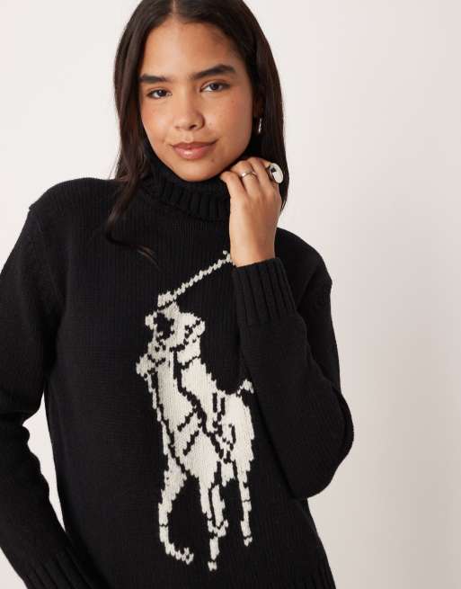 Polo Ralph Lauren wool blend icon logo roll neck knitted jumper in black, 3 of 4