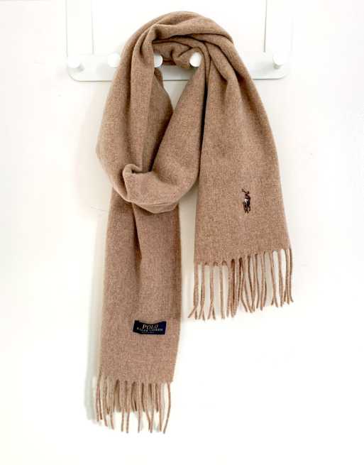 Polo Ralph Lauren wool scarf in tan with pony logo | ASOS