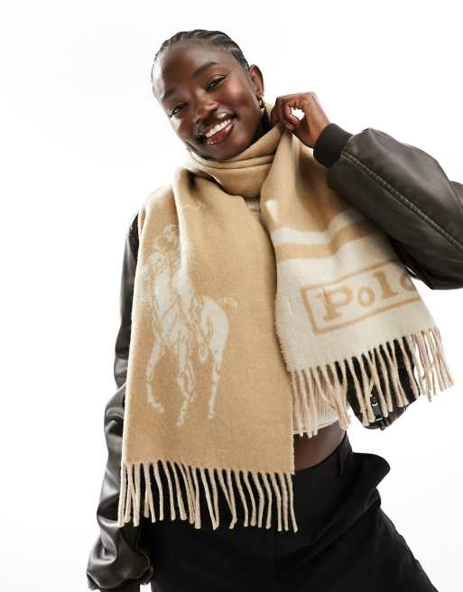 Polo Ralph Lauren wool scarf with large pony logo in cream ASOS