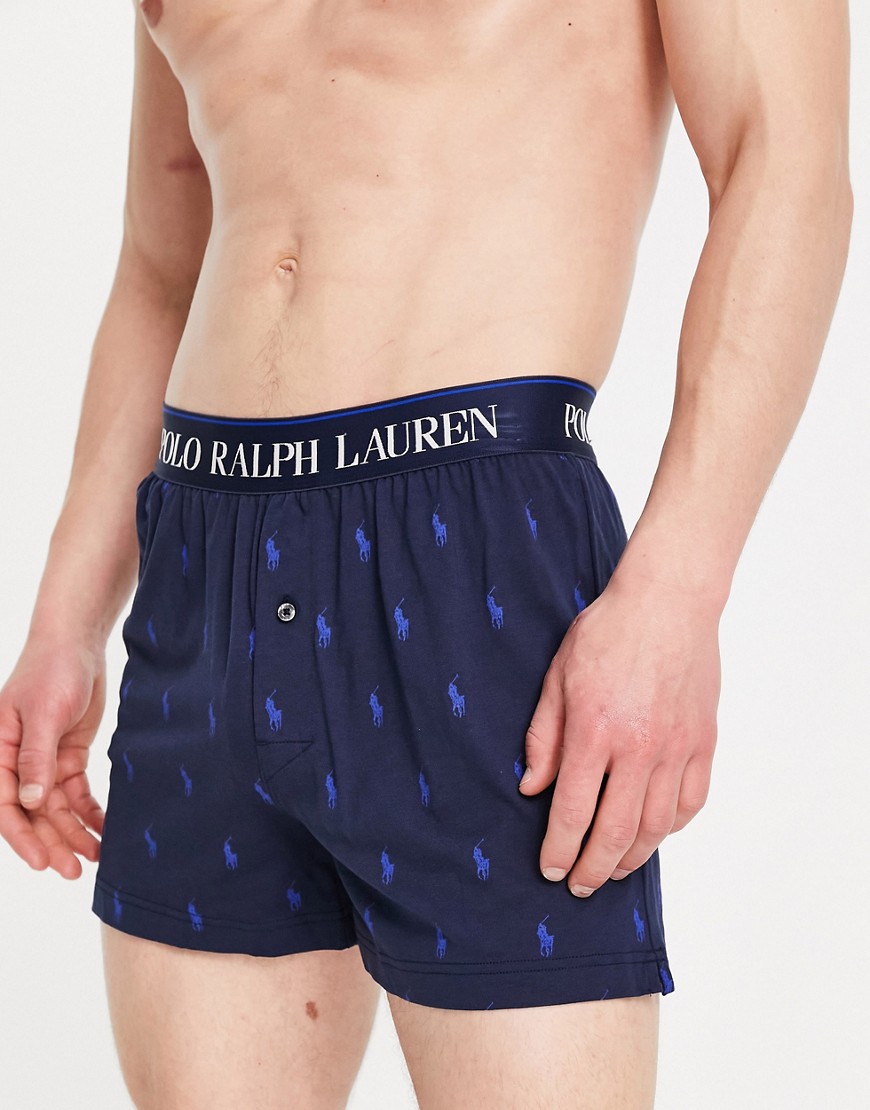 Polo Ralph Lauren woven boxer in navy with contrasting logo waistband and all over pony logo