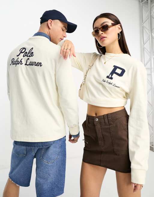 Polo Ralph Lauren x ASOS - Cremehvid collab-T-shirt med lange ærmer og logo - Kun hos ASOS
