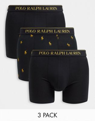 Polo Ralph Lauren x ASOS exclusive collab 3 pack trunks in black/gold with all over pony logo