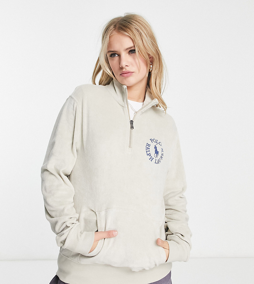 Polo Ralph Lauren x ASOS exclusive collab half zip with small circle logo in stone-White