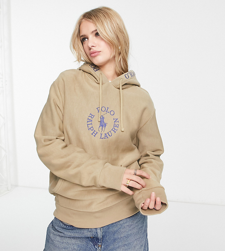polo ralph lauren x asos exclusive collab hoodie with chest circle logo and hood logo taping in tan-brown