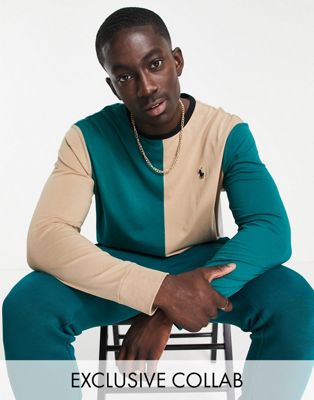 Polo Ralph Lauren x ASOS exclusive collab long sleeve t-shirt in colour block green/tan and pony logo - ASOS Price Checker