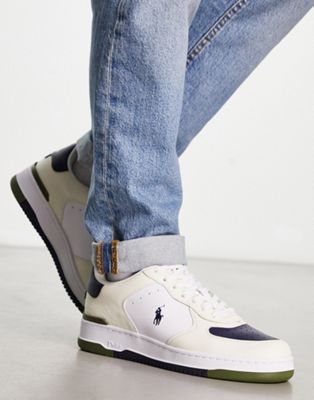 Polo Ralph Lauren x ASOS exclusive collab masters court low leather trainer in cream, navy, green with pony logo - ASOS Price Checker
