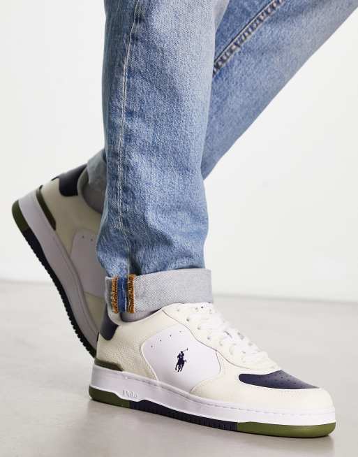 Polo Ralph Lauren x ASOS exclusive collab masters low leather sneakers cream, navy, green pony logo | ASOS