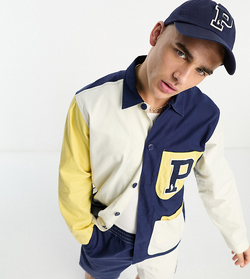 Polo Ralph Lauren x ASOS exclusive collab overshirt in cream, navy colour block with pocket logo-Mul