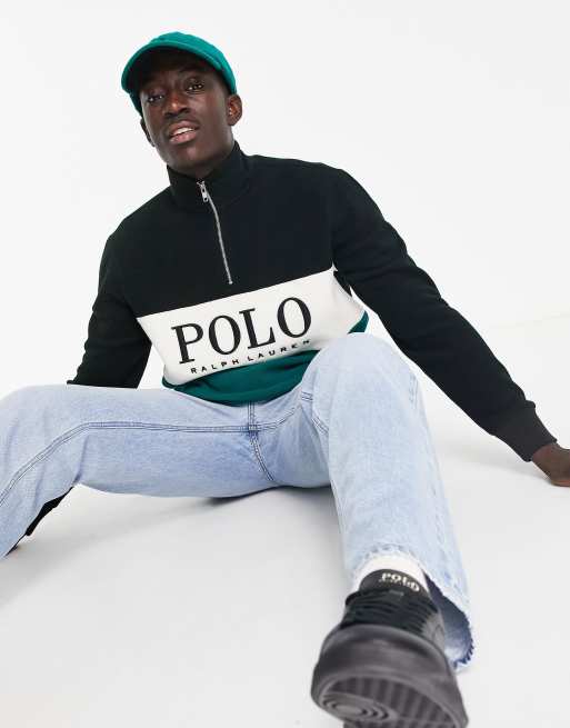 Polo Ralph Lauren x ASOS exclusive collab polar fleece half zip in  black/green color block with chest panel logo | ASOS