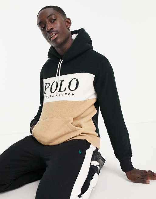 Polo Ralph Lauren x ASOS exclusive collab polar fleece hoodie in tan/black  colour block with chest panel logo | ASOS